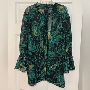 Women’s Torrid Tie Neck Button Front Princess Sleeve Peacock Sheer Blouse Size 3